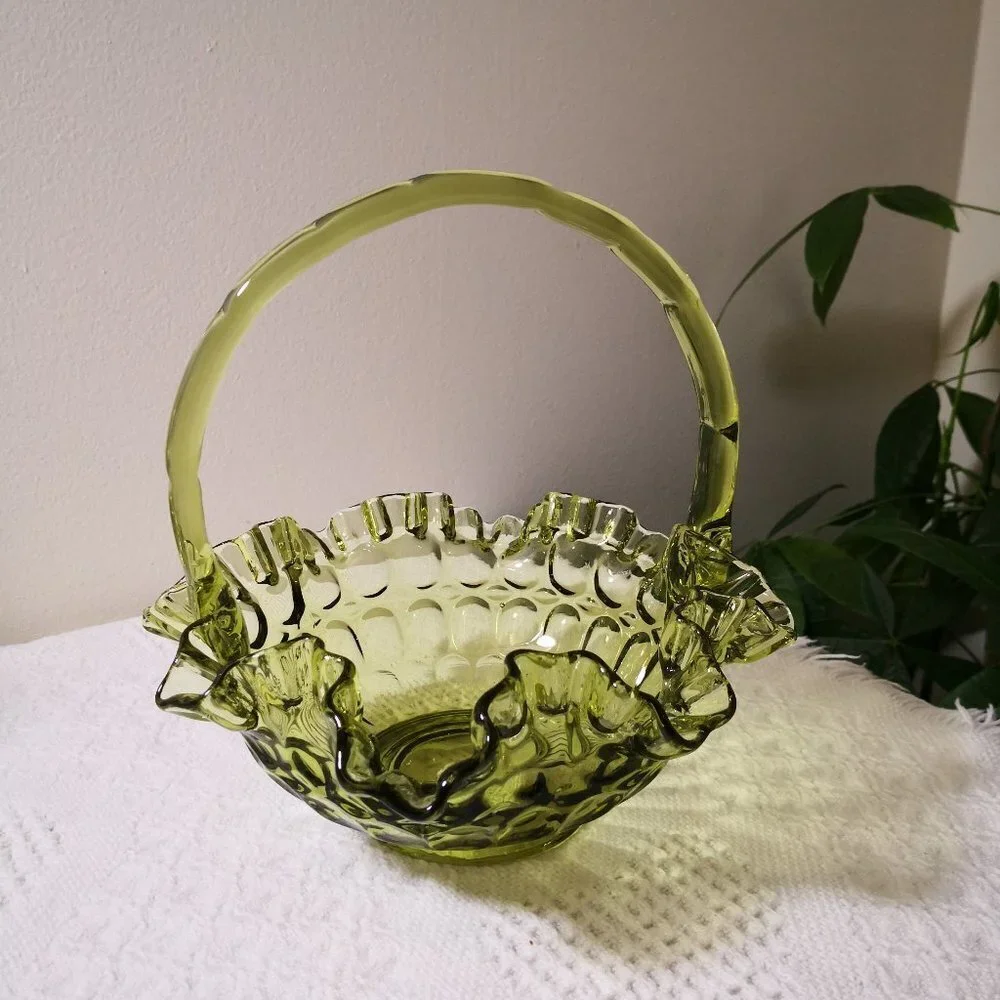 Vintage Thumbprint Green Glass Basket With Ruffled Edges And A Crimped Handle
